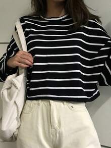 Camiseta de manga larga de rayas en blanco y negro para estudiantes, camiseta de rayas de manga corta para mujer, nueva moda ins suelta y versátil Elástico - Negro - Ver 1