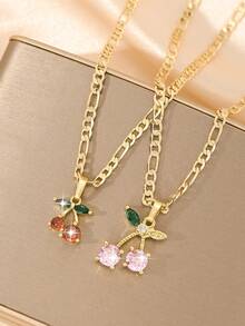 1 Exquisite And Elegant Shiny Small Red Cherry & Large Pink Cherry Copper Pendant Copper Inlaid Zirconia Necklace, Suitable For Giving To Girls/Boys/Family/Friends/Versatile/Light Luxury/Party/Banquet/Festival/Christmas/Thanksgiving/Halloween/Gift