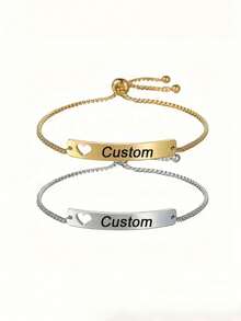 Customized Engraved Stainless Steel Bracelet With Heart Pendant - Personalize With Name, Date Or Message - Elegant Gift For Valentine's Day, Birthday, Mother's Day, Teacher's Day, Etc. - Customizable Personalized Chain Bracelet 304 Stainless Steel Engraved Hollow Heart Adjustable Jewelry Gift For Birthday, Back To School, Halloween, Christmas, Thanksgiving