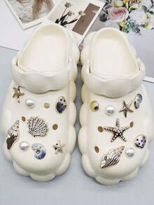 16pcs ABS Resin Gold Cute Nautical Ocean Starfish Shoe Charms, Shiny Rhinestone Seashell Shoe Clips Decorations, Detachable Faux Pearl Shell Shoe Accessories, Multi-Functional Shoe Clips For Women Sandals, Slippers, Beach Bags, Suitable For Christmas, Halloween, Valentine's Day, Birthday, Holiday Party Gifts (Shoes Not Included)