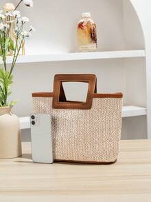 New European Style Woven Bag, Vacation Straw Bag, Travel Bag, Fashionable Portable Storage Bag, Beach Bag, Straw Handbag, Mini Straw Handbag, Summer Essential, Versatile Item, Perfect For Women, Girls, Students, Travel, Vacation, Beach, Holiday, Gift, Vacation, Beach Bags - Brown - View 5