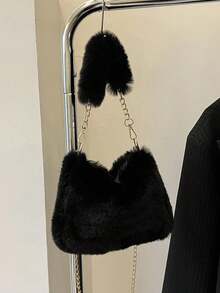 New Design Of Women's Ins Small Field Crossbody Bag Fashion Chain Fur Bag, Autumn And Winter Korean Version Of Small Square Bag - Black - View 4