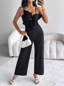 ChicMe 女式无袖花卉图案细肩带连体裤口袋设计别致优雅休闲派对鸡尾酒节日服装 - 黑色 - 查看 5