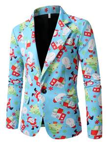 Men's Casual Digital Print Single-Button Suit, Christmas Pattern