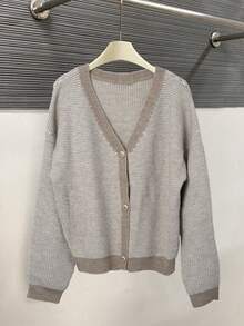 Cardigan feminino de manga comprida com estampa xadrez de outono e botão frontal, decote em V, blusa de manga comprida