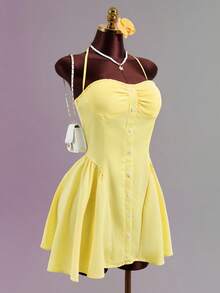 女士黄色吊带迷你连衣裙，休闲优雅时尚前扣连衣裙，女士夏季服装，女士夏季连衣裙，女士休闲连衣裙 - 芥末黃 - 查看 9