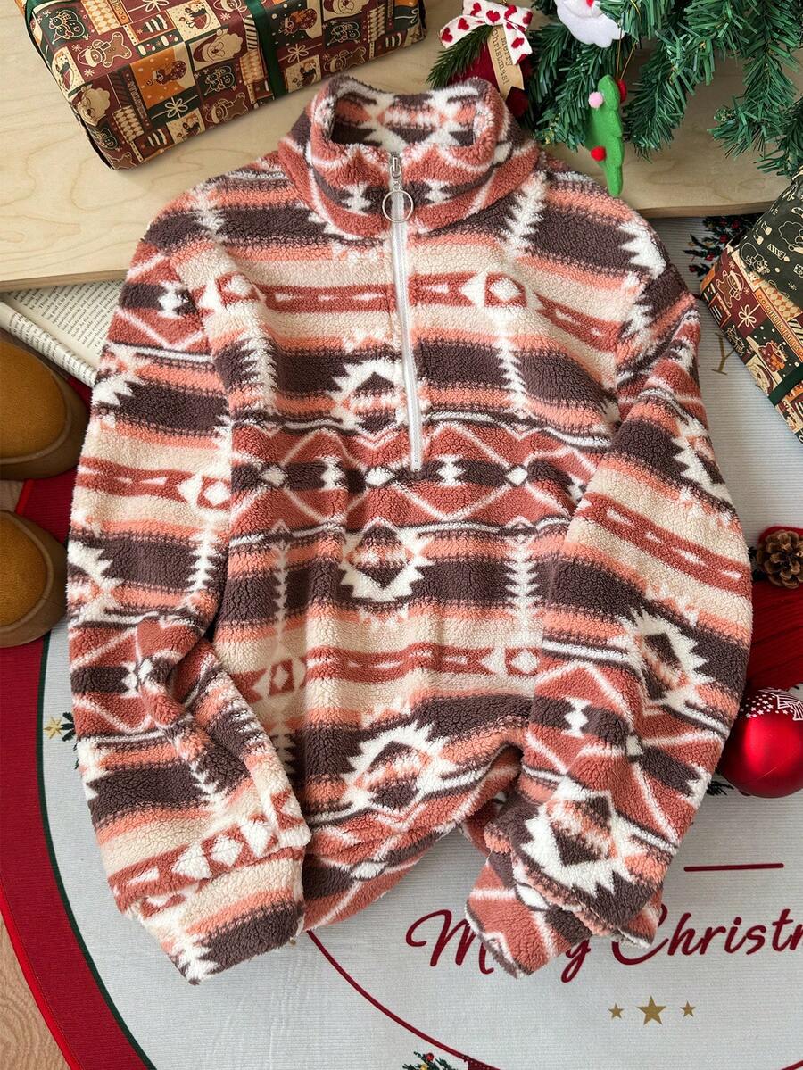 Christmas Fleece Pullover, Women Long Sleeve Half Zip Up Front Casual Sweatshirt, Autumn/Winter Vacation Fall - Redwood - View 1
