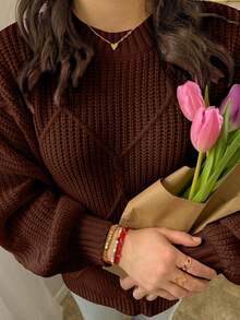 Women's Loose Solid Color Long Sleeve Thick Knit Sweater, Crew Neck Warm Pullover Sweater, Suitable For Casual Daily Wear In Autumn And Winter - Coffee Brown - View 5