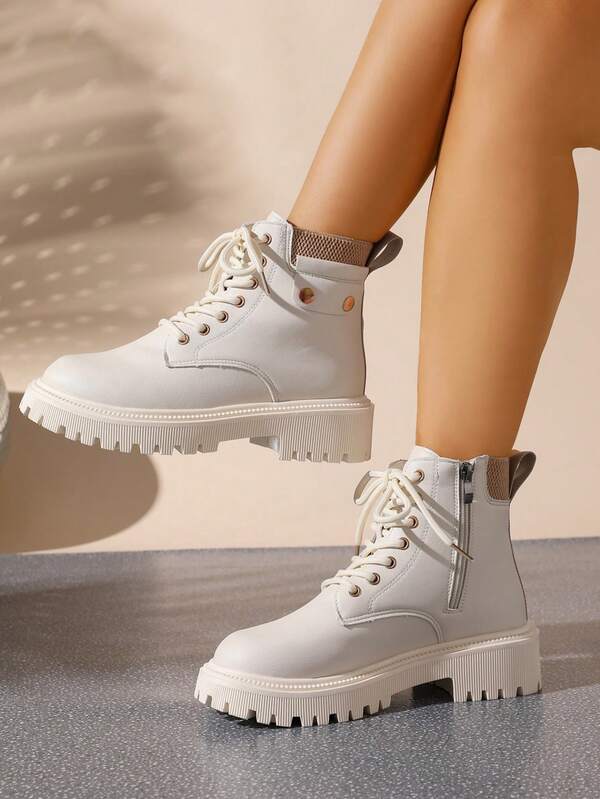 زوج من الأحذية ذات الكعب السميك مع سحاب جانبي، بوت كاجوال مرتفعة للدراجات النارية للمراهقين