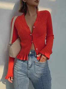 Elegante y de moda Cárdigan de punto a cuadros con escote en V para mujer en otoño-invierno - Mangas largas, longitud corta, bordes con volantes, cierre con botones delanteros. Adecuado para Acción de Gracias, Navidad, Año Nuevo y otras ocasiones.