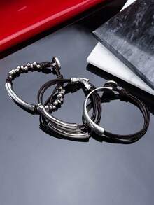 1PC New Simple And Fashionable Street Y2K Asymmetric Design Multi Layer Stacked Leather Rope Bracelet Beaded Bracelet, Suitable For Men And Women's Daily Leisure Matching, Suitable For Autumn And Winter Halloween Parties And Birthday Gifts