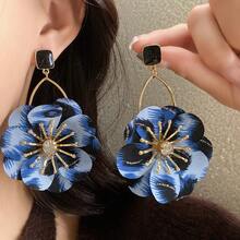 Andkiss 1 Pair Elegant Niche Versatile Drip Oil Square Fabric Flower Stud Earrings
