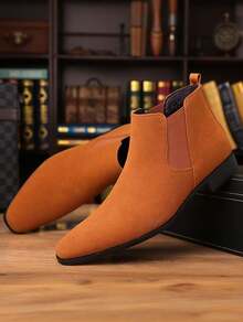 Men's Suede Pointed Toe Chelsea Boots, Elastic Side Panels Low Heel Business Casual Formal Ankle Boots For Men Office Wedding Daily Commute Wear - 棕色 - 查看 2