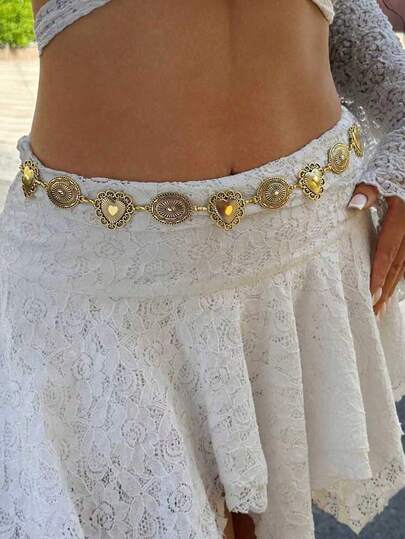 1 pieza Cadena de cintura de estilo vintage con patrón floral y geométrico tallado, de estilo bohemio y occidental para mujer, elegante y casual, de estilo dorado bohemio