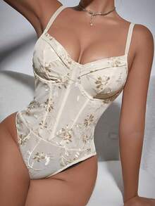 Elegant & Sophisticated Women's Sexy Floral One-Piece | Formal Intimate Outfits, Beige & Golden Floral Allure Elegant Floral Bodysuit, Ready-To-Wear Evening Attire Bodysuit Shapewear, Feminine Style, Sheer Fabric Tummy Control Bodysuit, Sleeveless Bodysuit, Romantic & Special Occasions, Asymmetrical Design, Delicate Embroidery, Fitted Bodysuit, Date Night Wear - 杏色 - 查看 1