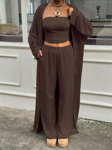 Women 3 Piece Lounge Set With Long Cardigan Coat Sleeveless Tube Top And Wide Leg Pants Matching Outfit Fall Winter Travel Airport Casual Streetwear Loungewear Set - 咖啡棕 - 查看 1