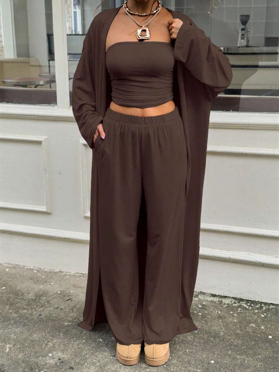 Women 3 Piece Lounge Set With Long Cardigan Coat Sleeveless Tube Top And Wide Leg Pants Matching Outfit Fall Winter Travel Airport Casual Streetwear Loungewear Set - 咖啡棕 - 查看 1