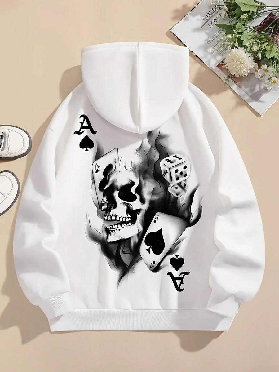 Sudadera con Capucha de Calavera y Estampado Geométrico para Mujer - Manga Larga Casual con Bolsillo Canguro, Mezcla de Poliéster, Lavable a Máquina - Perfecta para Otoño/Invierno - Blanco - Ver 1
