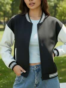 Jachetă Varsity pentru femei, toamnă și iarnă, jachetă bomber de baseball, haină exterioară în stil universitar cu fermoar alb-negru, jachetă casual la modă pentru fete
