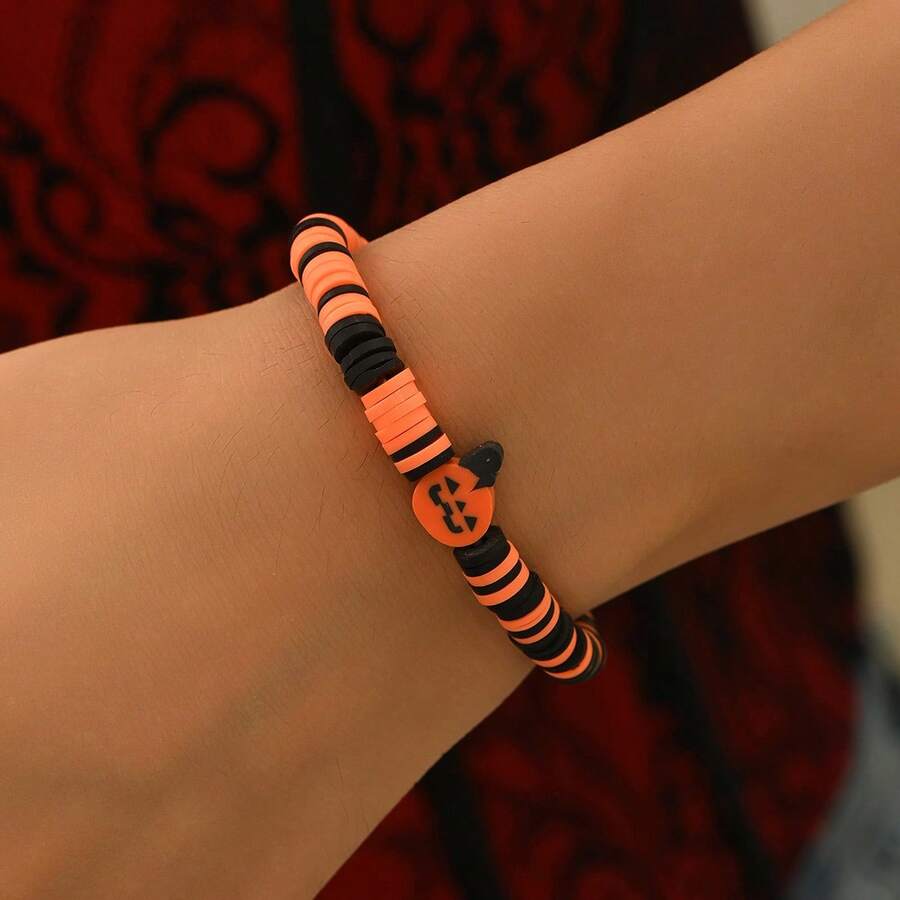 Spooky Pumpkin Polymer Clay Charm Bracelet - Halloween Party Series Beaded Strand Bracelet With Pendant