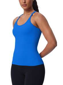 Workout Tank Tops For Women Built In Shelf Bras Padded -Racerback Athletic Tank Tops Ribbed Yoga Shirts - Klein Blue - View 2