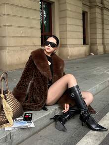 Oversized Women's Lapel Coat, Thick Leopard Print Patchwork, Faux Fur Tie-Waist, Super Warm Furry Autumn/Spring Jacket, Cold-Proof Winter Fashion, Elegant For Daily, Festivals And Gatherings - Leopard - View 6