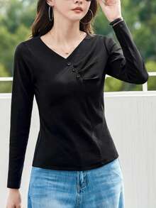 V-Neck Pleated Long Sleeve T-Shirt For Women, 2025 Autumn New Arrivals, Slim Fit, Versatile, Undershirt