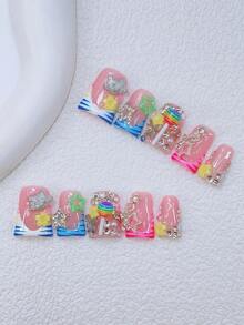 10pcs Handmade Y2K Nails Chic Duckbill Press On Nails Set - Handcrafted, Pink Nails, Blue And White French Tip Nails, Hand Drawn Blue And Pink Zebra Stripe, Exquisite Lovely Nails, Decorated With Silver Butterfly, Kitten, Rhinestones, Lollipop, Star, White Pearl, Yellow And Pink Little Flower Elements Design