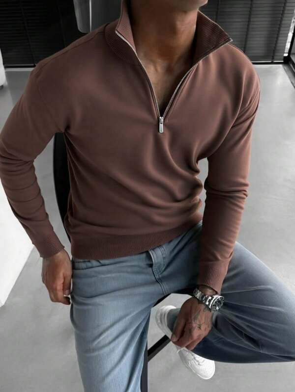 Pulover casual pentru bărbați, cu mânecă lungă și fermoar pe jumătate, versatil pentru purtare zilnică