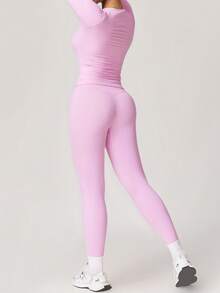 NcmRyu 1 Set Women's Elastic Tight Lifting Shaping Sexy Long Sleeve & Long Pants Sportswear Set Pink Spring - Pink - View 8