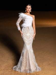 Faeriesty Glamour Luxury One-Shoulder Mermaid Evening Gown With Sequin, Sequins Accents – Geometric Patterns, Slim-Fit Fish-Tail Silhouette For Weddings, Red-Carpet Events, Evening Galas & Luxurious Dinners - Apricot - View 6