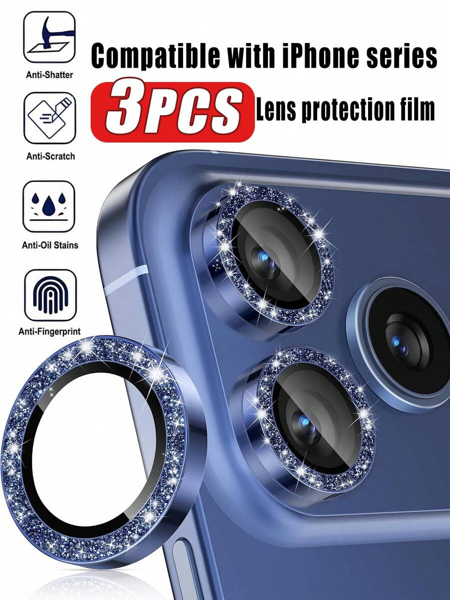 Bộ 3 miếng dán bảo vệ ống kính camera tương thích với iPhone 17/17 Pro/17 Pro Max/17 Air/16 Pro/16 Pro Max, nhẫn kim cương kim loại sáng bóng cá nhân hóa, màng bảo vệ chống trầy xước độ cứng 9H, phụ kiện điện thoại thời trang, tương thích với ốp lưng bảo vệ. - Màu xanh hải quân - Xem 1
