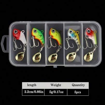 Cebo vibrante de metal giratorio de 5 piezas, con apariencia biológica de pez, un cebo con forma de cuchara giratoria y un gancho reforzado de tres puntas en el abdomen. Es afilado y resistente, puede morder peces rápidamente y crear reflejos y ondas durante la natación.