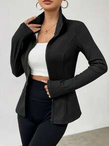 Women's Tight Fit High Collar Zipper Jacket With Thermal Lining, Warm And Comfortable For Casual And Home Wear In Autumn/Winter, Sleeves Without Thermal Lining - Black - View 6