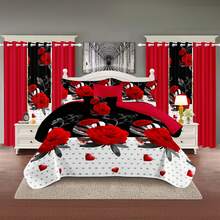 CozyCreatures Elegance Black White Red Rose Print 9-Piece Bedspread Sets With Matching Curtains, Ultra-Soft Microfiber Bedding Collection In Fashin Floral  Pattern, Complete Bed-In-A-Bag Solution For Twin/Queen/King/Cal King Sets BedRoom, RVs & Wedding Decor, Skin-Friendly Thermoregulating Machine Washable, All Seasons Festival Of Ideal Gift - 玫瑰紅 - 查看 7