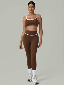 2 PCS CO Ord Set Spring And Summer Women Fashion White Line Yoga Sports Bra And Legging - 棕色 - 查看 3
