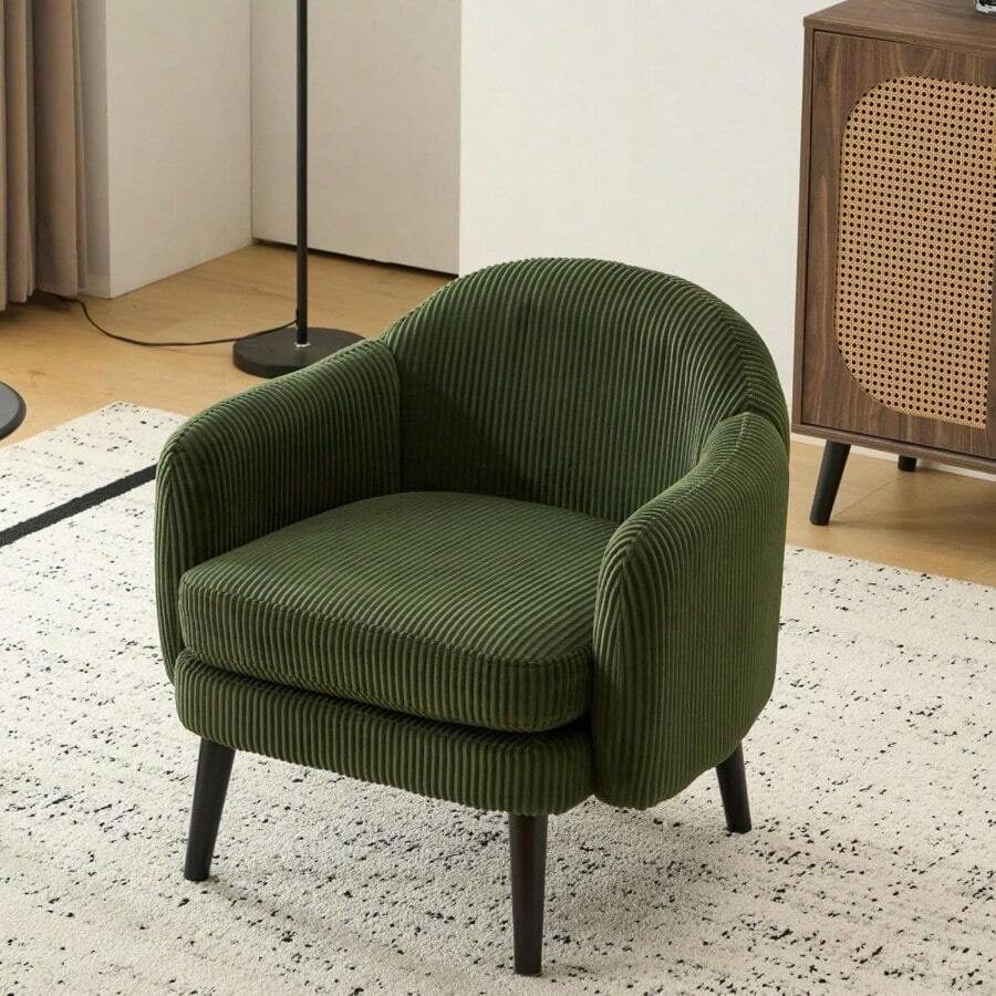 30.3" Wide Modern Barrel Accent Armchair With Track Armrest Solid Wooden Legs Comfy Upholstered Club Chair Round Single Home Sofa For Living Room Bedroom Reading Room Corduroy Green - 燈芯絨綠色 - 查看 1