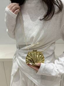 1 件贝壳形装饰包、迷你晚装手拿包、女士个性化时尚链条口红包，适合情人节、派对、约会、单肩包/斜挎包、零钱包、金色耳机盒、女士礼物、硬壳 - 金色 - 查看 6