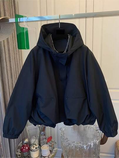 Fashionable Women's Spring/Autumn Hooded Zip-Up Windbreaker Jacket, High-End Style, 2025 New European Collection