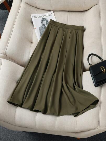 高腰A字裙，商务休闲百褶雪纺裙，20-40岁女性优雅工作服，修身海军蓝基本款