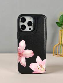 GALLAPLE Pink Lily Floral Design Stylish Wallet-Style Mobile Phone Case, Chic Protective Cover, Shockproof And Drop-Proof Case, Phone Case Comes With A Magnetic Slot Holder, Making It More Convenient To Store ID Cards, For IPhone 16Promax 16 15 14 13 12 Plus Pro S25Ultra 25 24 23 22 Plus Case - 黑色 - 查看 1