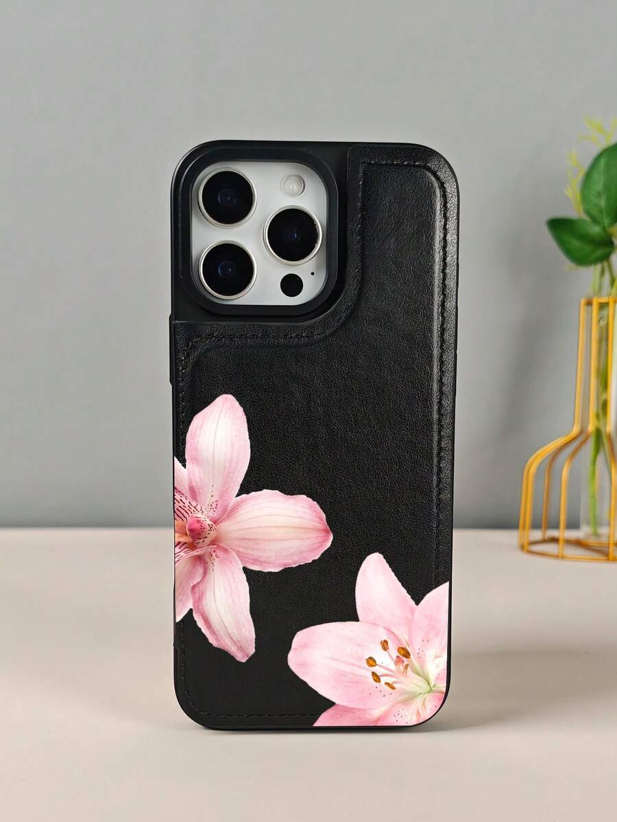 GALLAPLE Pink Lily Floral Design Stylish Wallet-Style Mobile Phone Case, Chic Protective Cover, Shockproof And Drop-Proof Case, Phone Case Comes With A Magnetic Slot Holder, Making It More Convenient To Store ID Cards, For IPhone 16Promax 16 15 14 13 12 Plus Pro S25Ultra 25 24 23 22 Plus Case - 黑色 - 查看 1