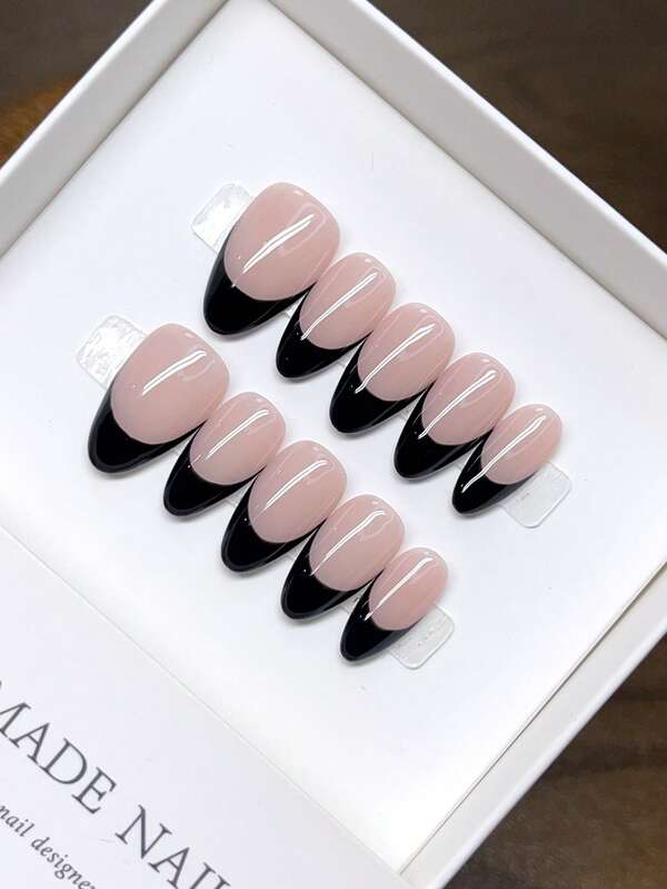 10 piezas de uñas postizas con forma de almendra de larga duración, acabado mate de manicura francesa, juego reutilizable de puntas de uñas nude y negras para mujeres, suministros de uñas