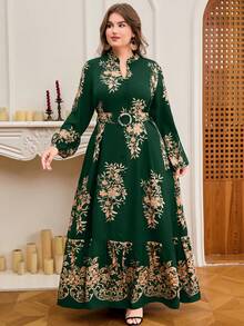 DEARCASE Plus Size Elegant Vintage Floral Print Dress Spring - Dark Green - View 1