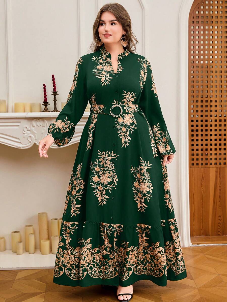 DEARCASE Plus Size Elegant Vintage Floral Print Dress Spring - Dark Green - View 1