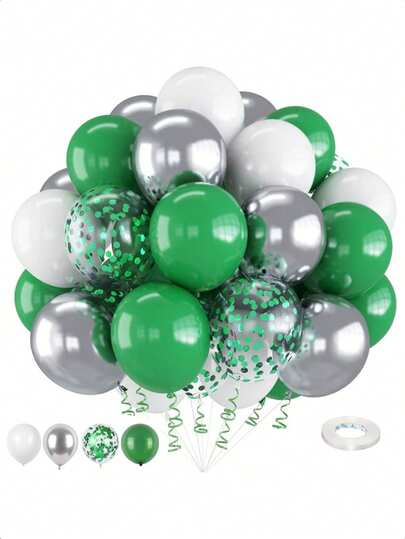 36pcs/Set Green & White Balloons, Green Balloons With Silver Metallic Balloons, Green Glitter Balloons, 10/12 Inch Emerald Green & Dark Green Latex Balloons, Suitable For Baby Shower, Birthday Party Decoration