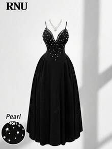 RNU Black Love White Pearl Women's Simple Deep V-Neck Stretch Base Slim Women Casual Club Christmas/Halloween Concert Outfit Office Outfits High Elastic Slim Fit Casual Daily Valentine's Day Birthday Dress Nightclub Sexy Party Street Vacation Travel Date Spring/Summer/Autumn/Winter Shoulder Strap Sleeveless Irregular Waist Pleats Cross Back Straps New Long Dress - Black - View 9