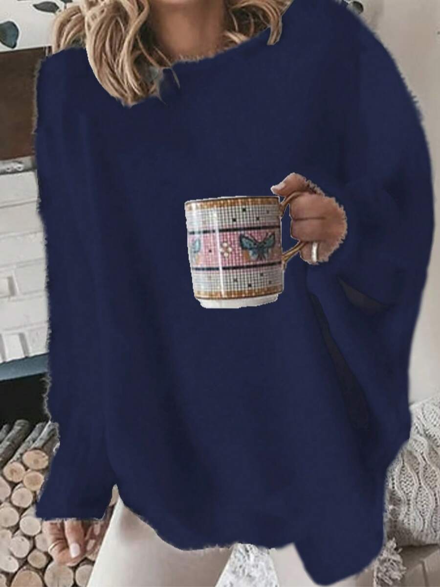 Plus Size Solid Color Batwing Sleeve Loose Pullover Sweater - Blue - View 1