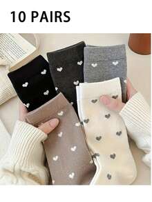 5 Pairs Women's Heart Print Casual Everyday Mid-Calf Socks