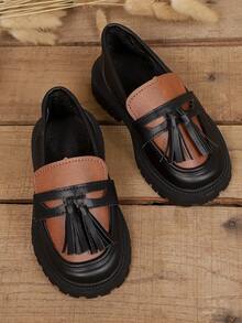 1 par de mocasines casuales de contraste de color suave de cuero de PU con puntera redonda y suela gruesa para niños pequeños, zapatos cómodos para vestir adecuados para estudiantes de 3 a 12 años, uso diario, escuela, vacaciones, fiesta, otoño/invierno - Marrón - Ver 6